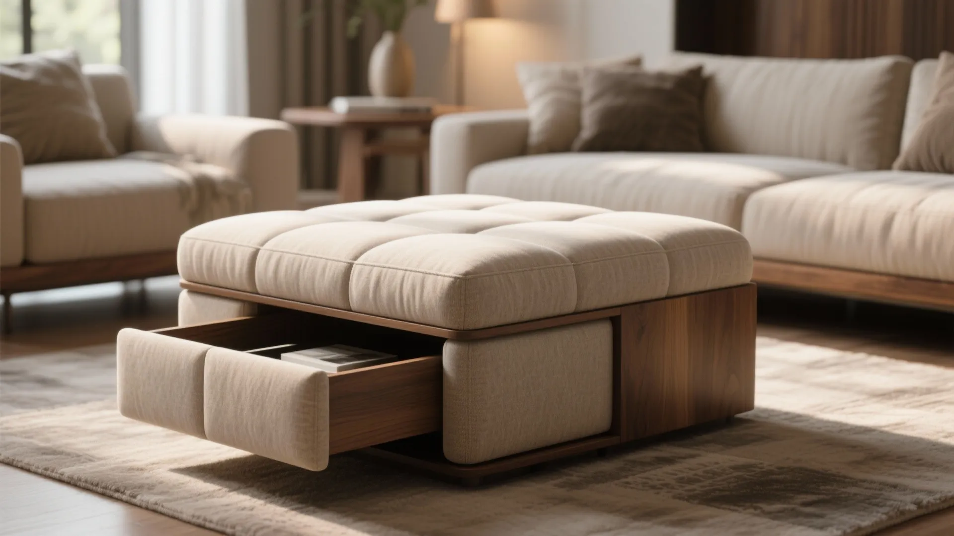 Beige fabric footrest with open wooden storage drawer placed on a rug in a living room