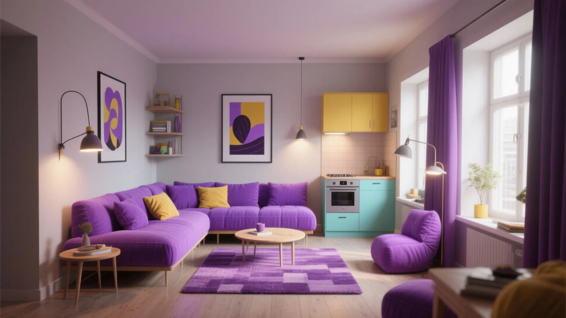 Studio apartment layout featuring purple sofa yellow cabinet blue kitchen and purple rug with windows