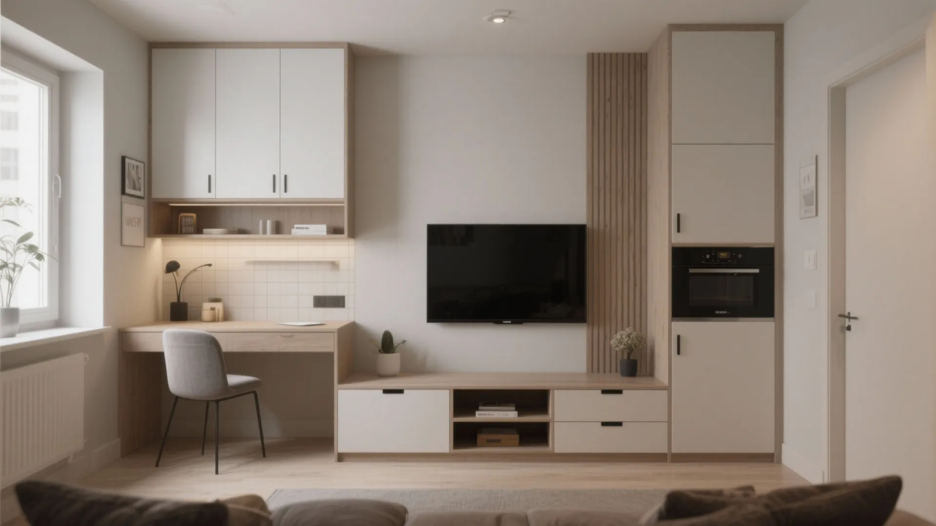 Built-in media and workspace wall unit in small living room