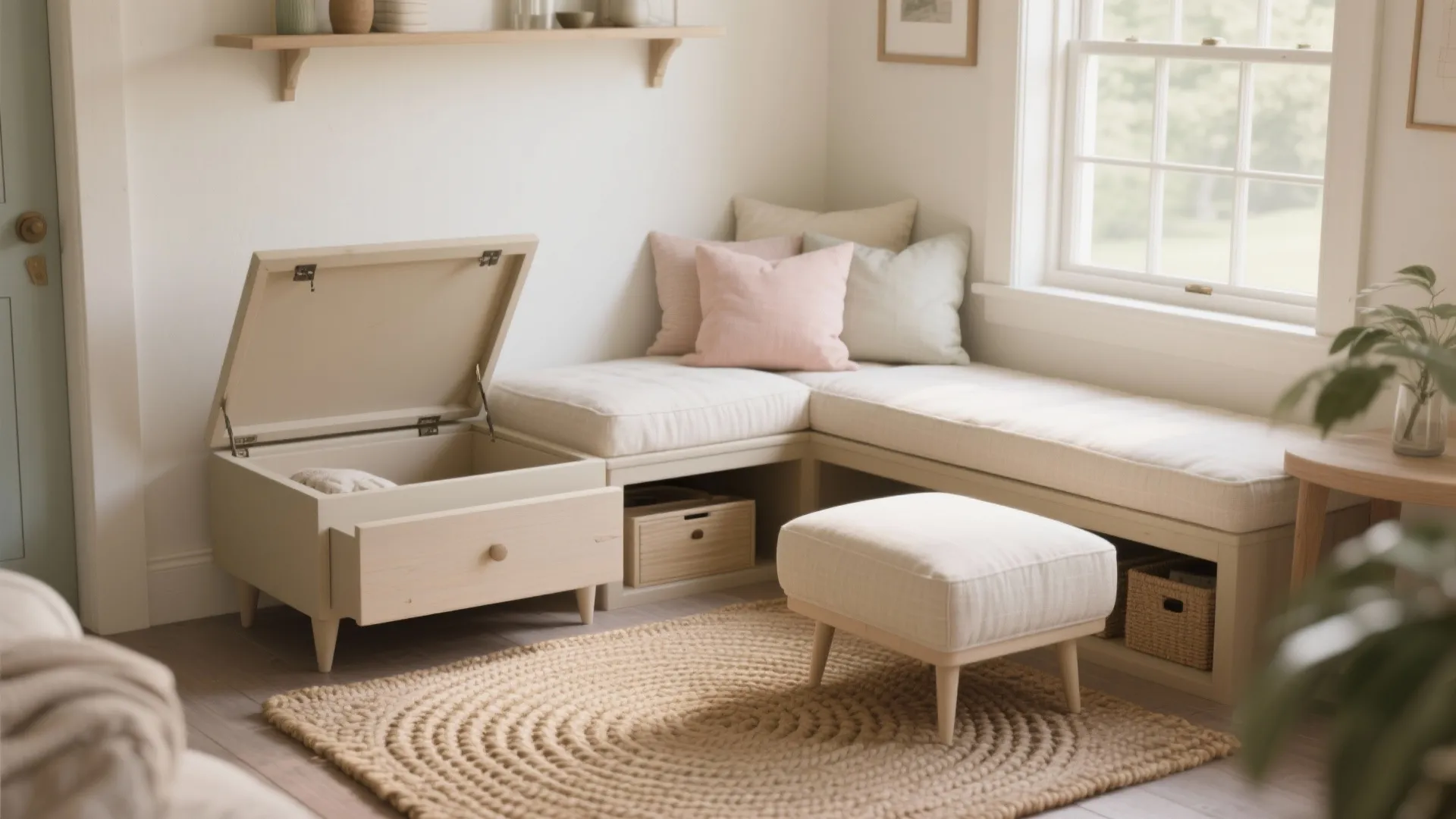 Cozy corner seating with storage bench pink pillows white footrest round rug and natural light