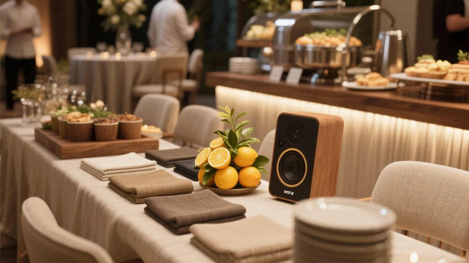 Table setting with wood speaker and fresh lemons plus folded napkins and warm indoor light fixtures