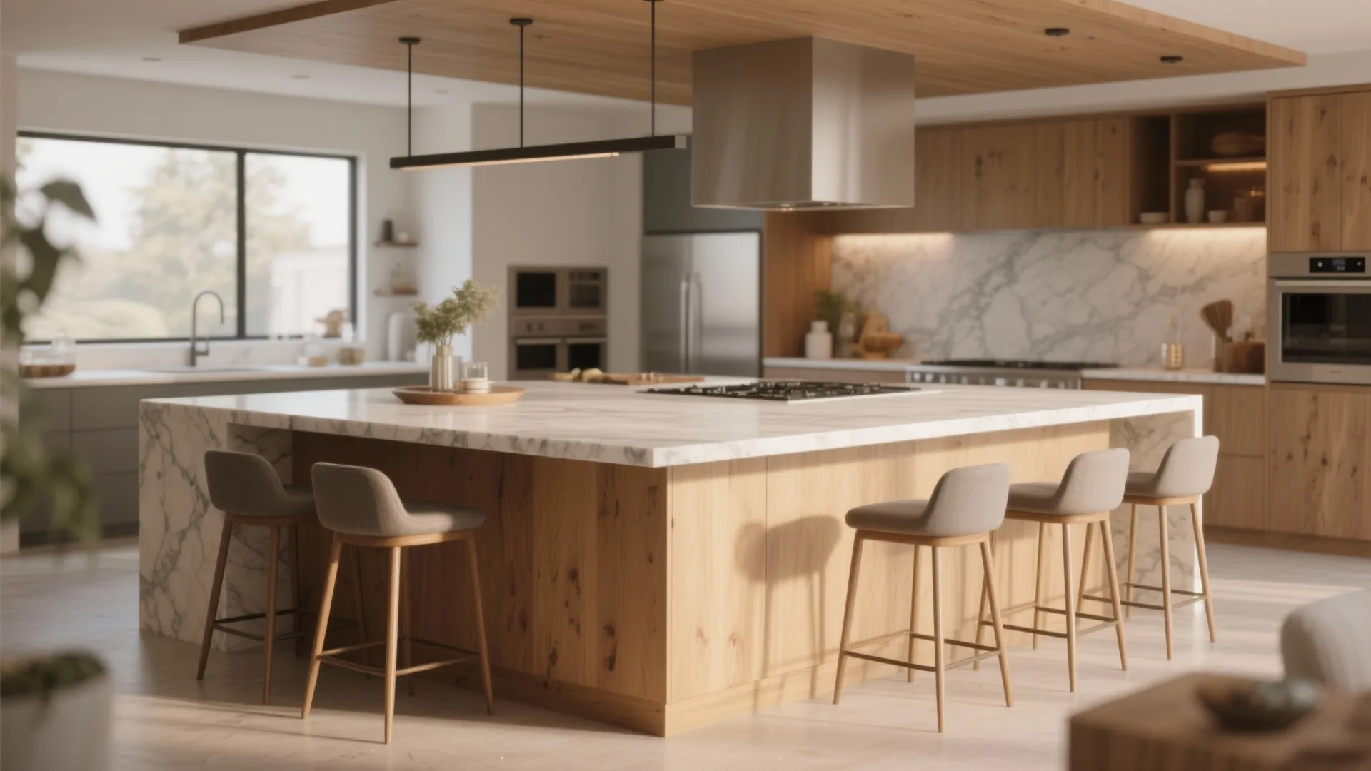 Spacious kitchen with large marble island grey bar stools wooden cabinets and modern light fixture