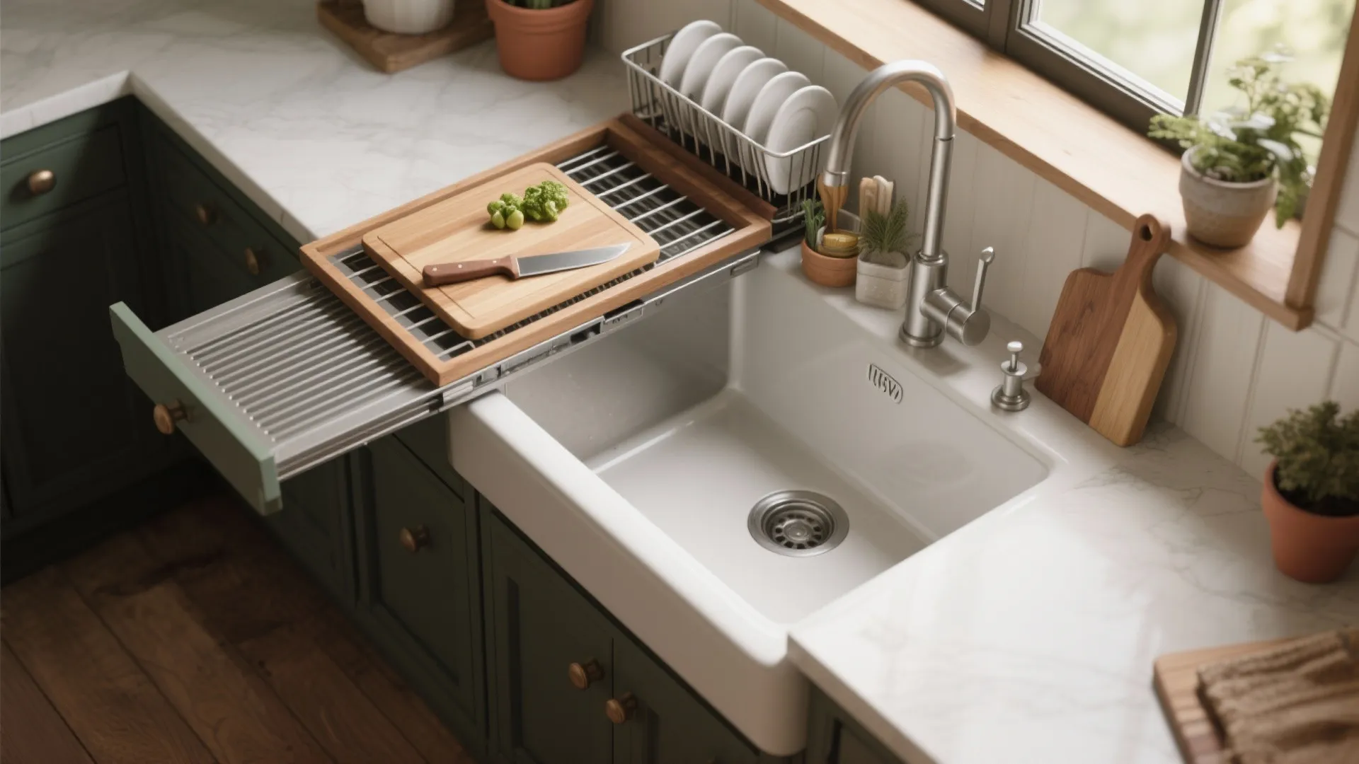 White kitchen sink with a sliding wood cutting board drying rack and green storage cabinets