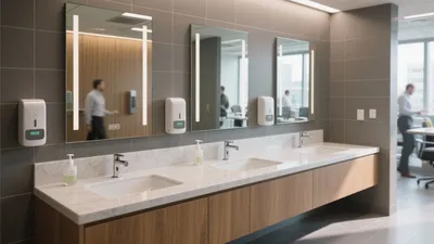 Modern Commercial Bathroom with Wood Accent Vanity