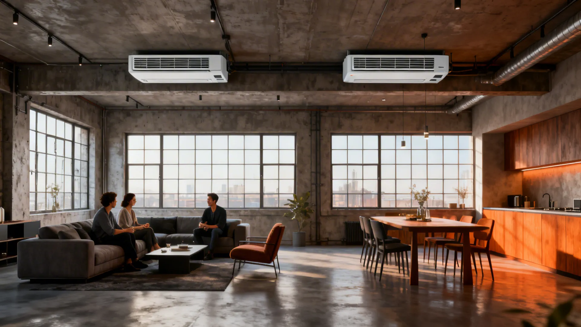 Open-plan loft with two ductless indoor AC heads providing zoned comfort