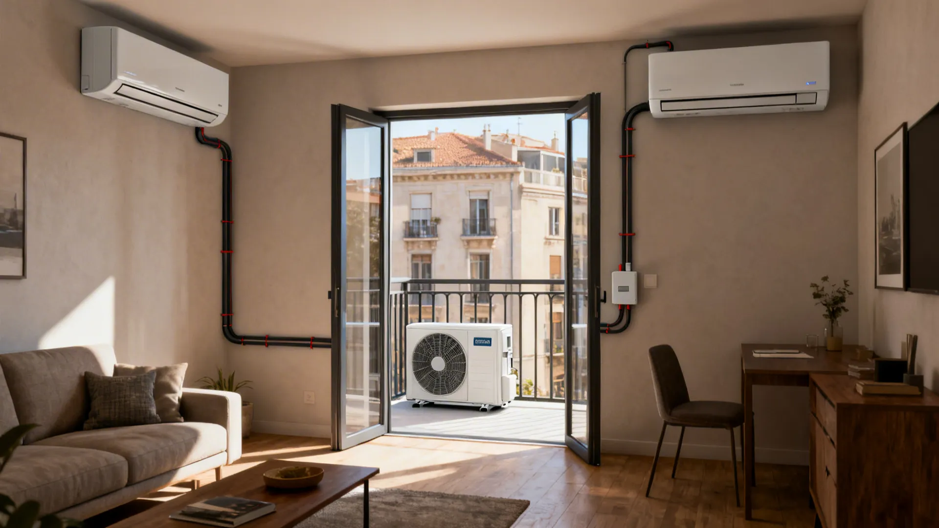 Compact apartment showing multiple wall-mounted indoor units connected to one outdoor compressor for zoning.
