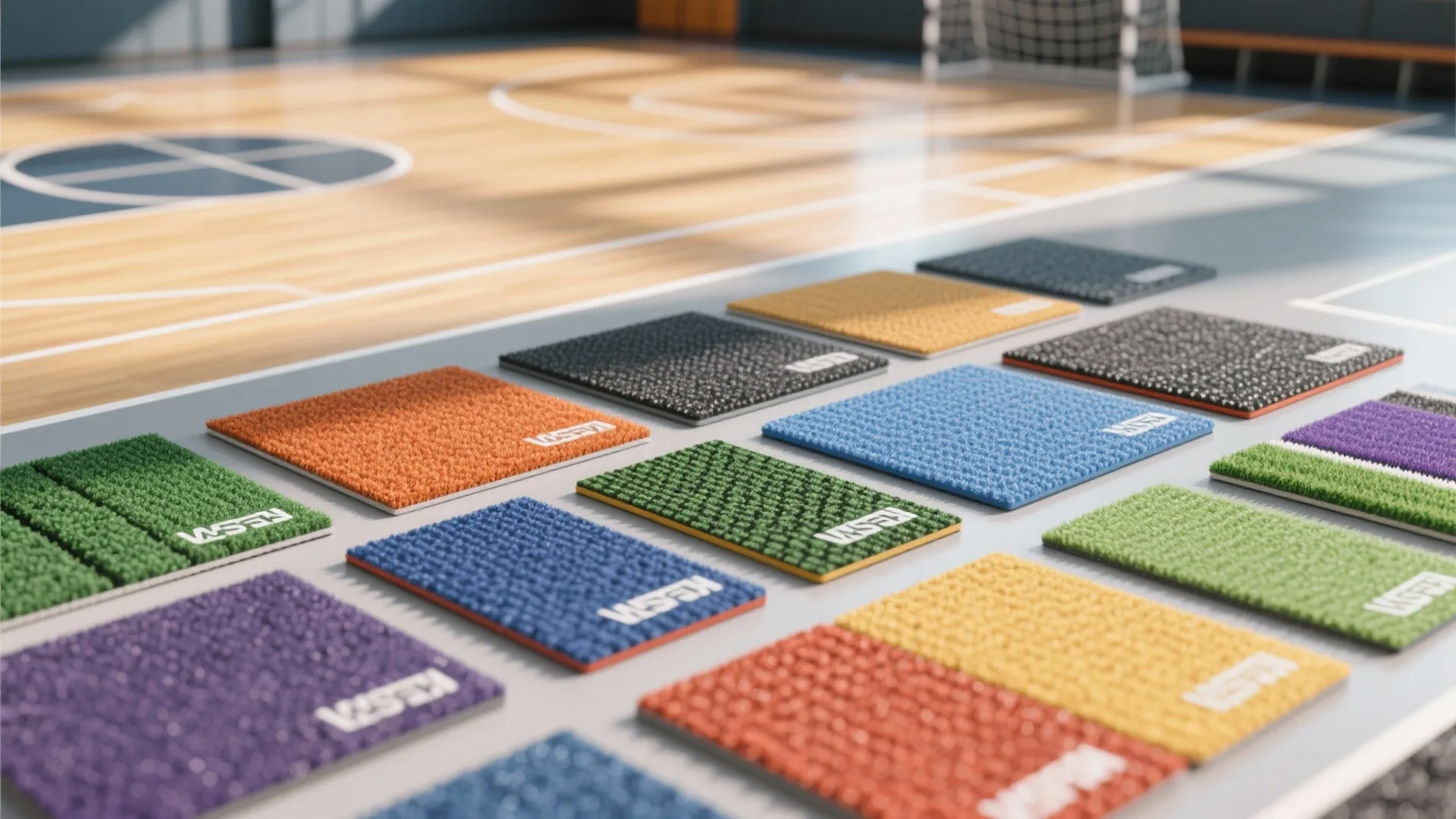 Colorful square samples of sports flooring tiles arranged on a wooden basketball court gym floor