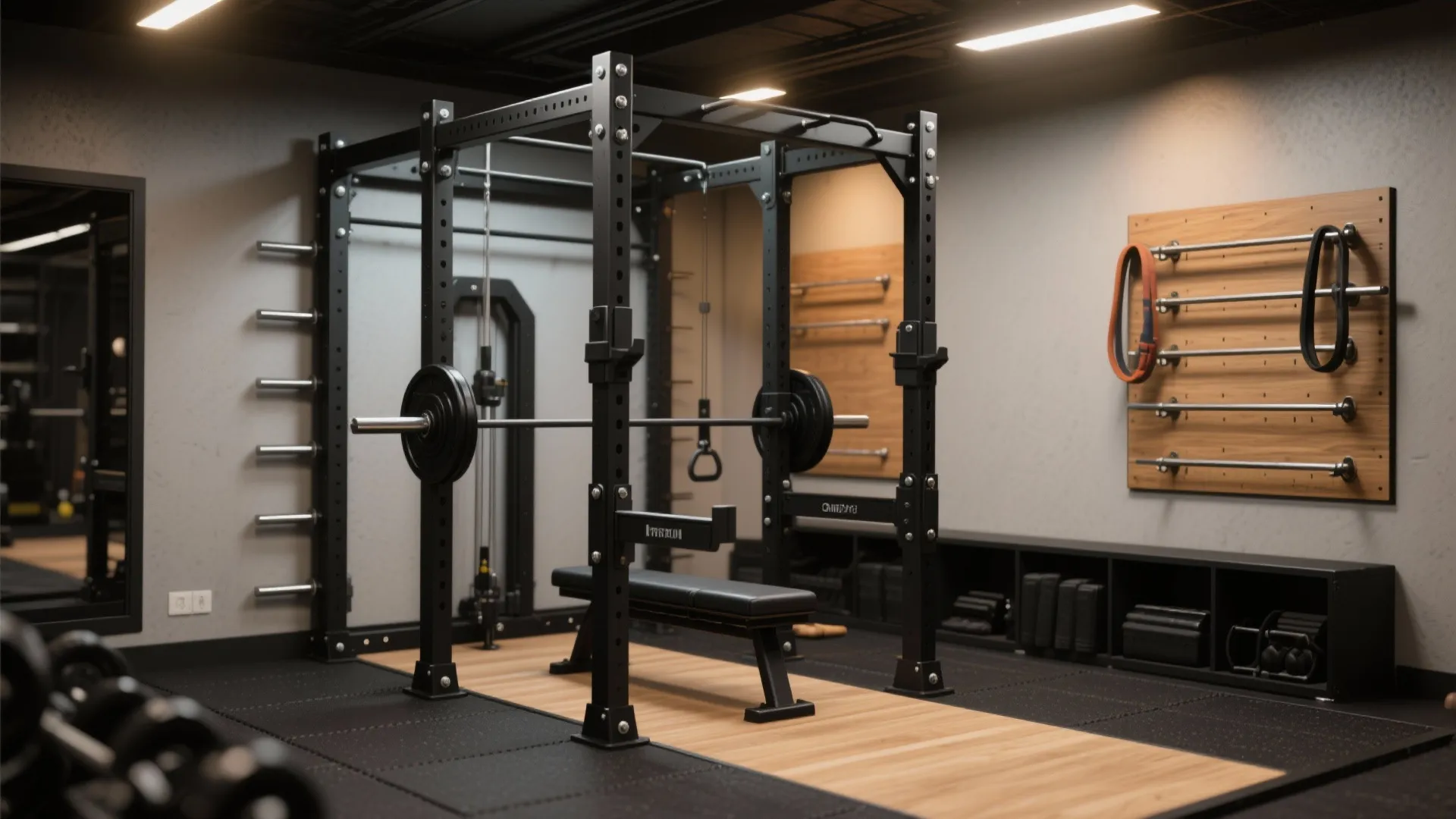 Compact multi-station cage configured as squat rack, bench, and pulley with attached storage pegs.
