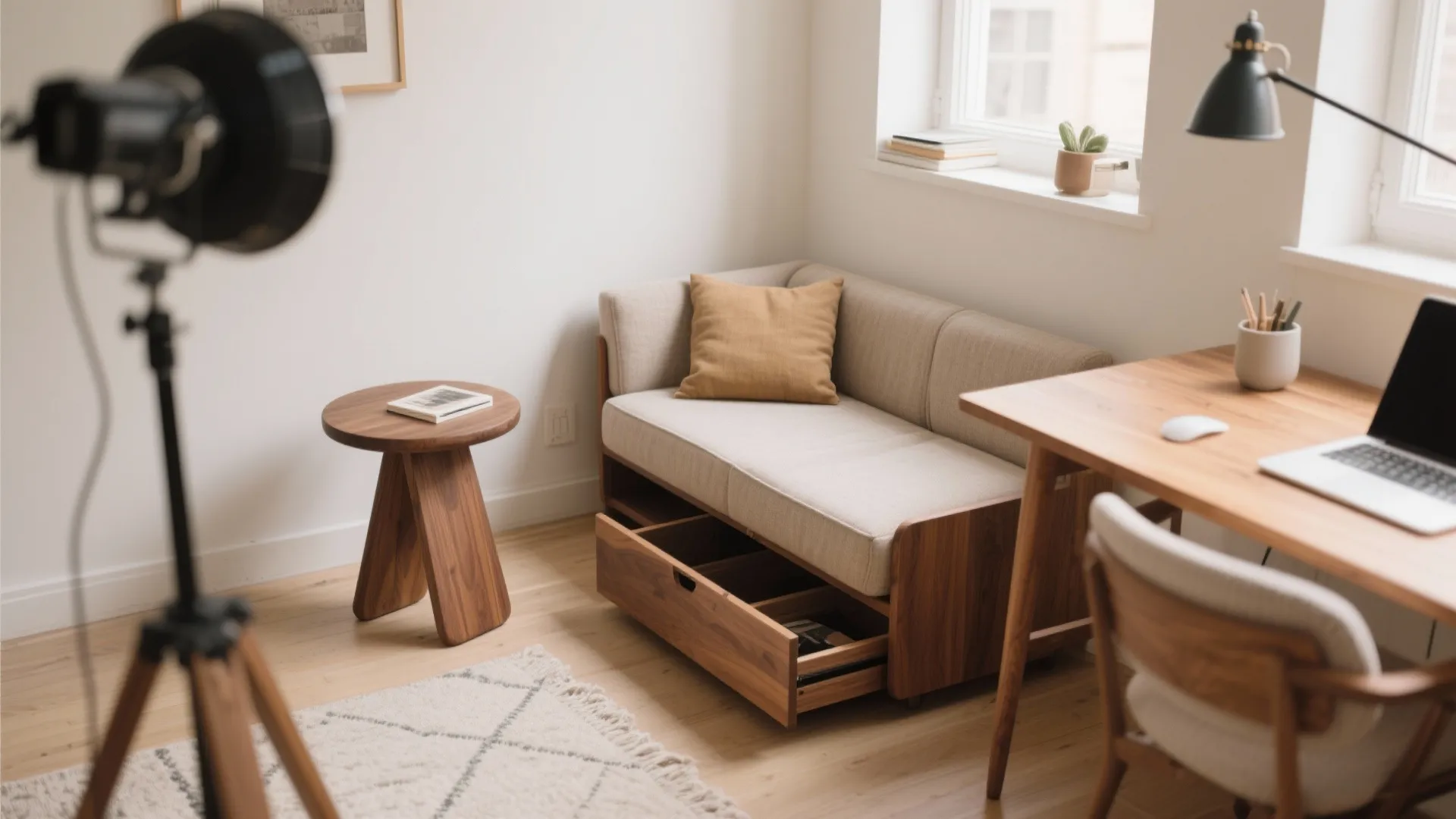 Small sofa with open storage drawer beside a wooden side table and a desk area
