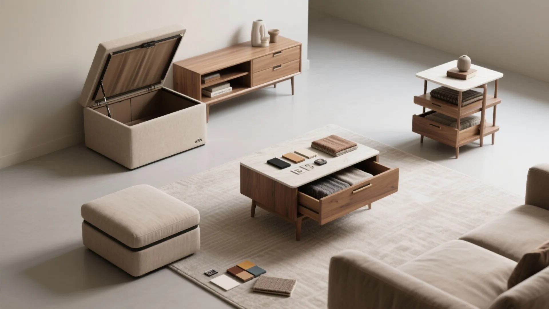 Modern wooden furniture set including an open storage bench, coffee table with drawer, and wood cabinet
