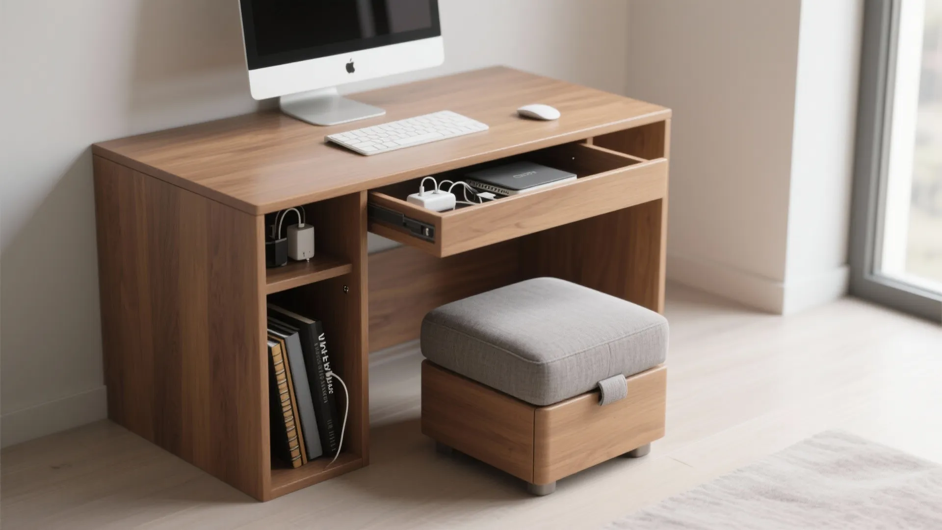 Wooden computer desk with open drawer showing charging cables and a small grey fabric footrest below