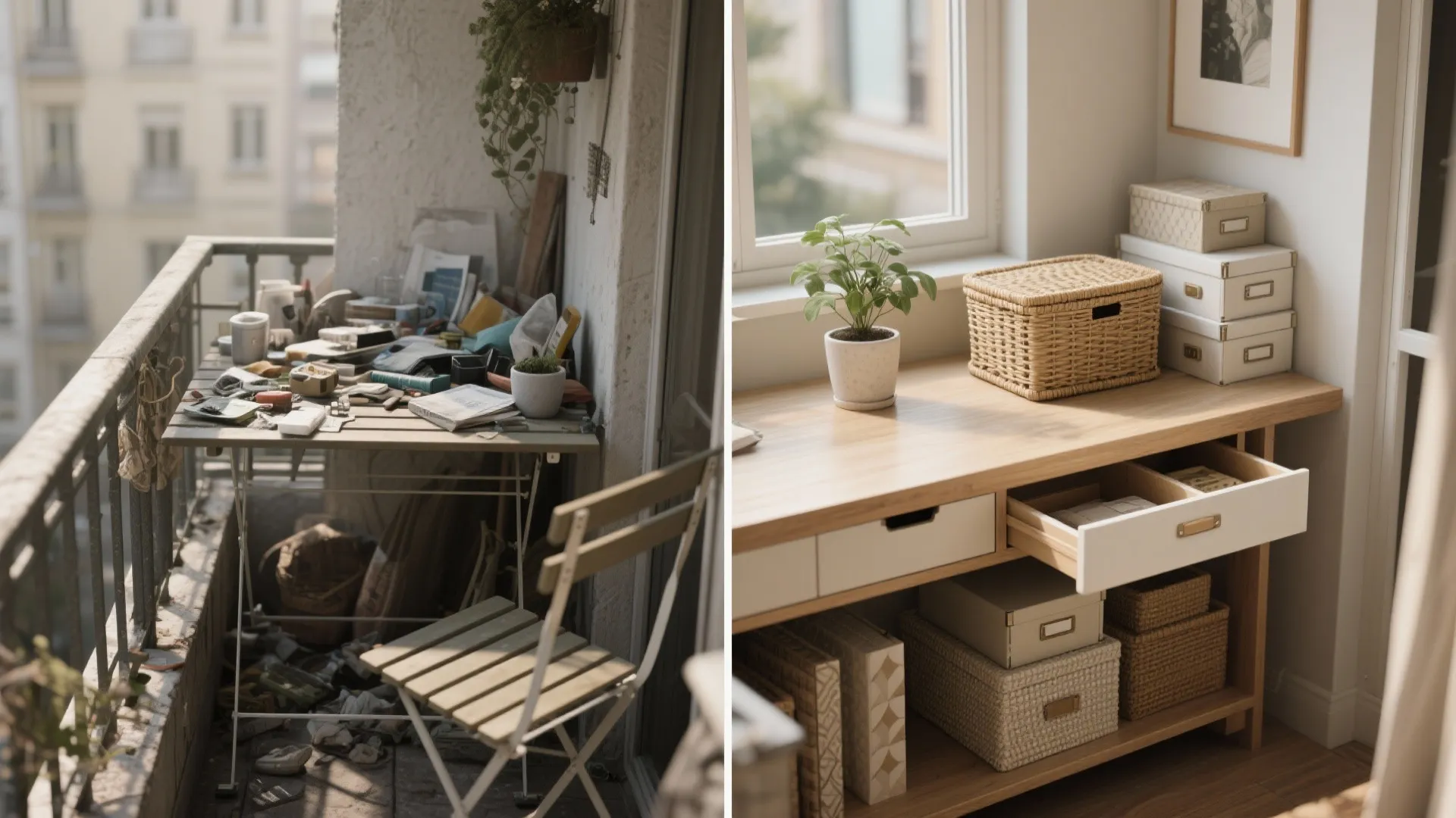 Before and after comparison showing a messy balcony desk versus a clean organized storage cabinet