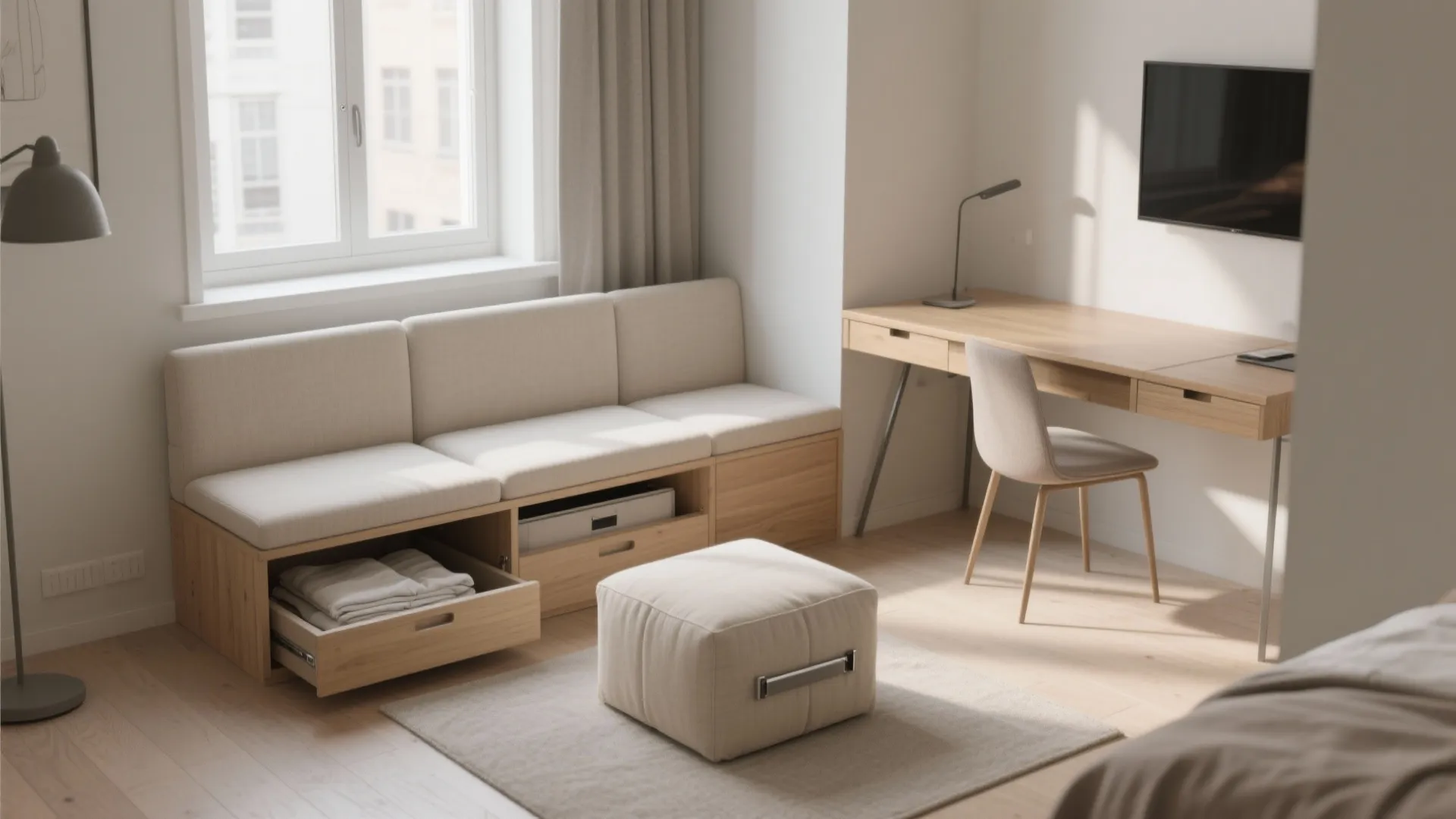 Modern bedroom featuring a wooden sofa with storage drawers desk chair and a small footrest