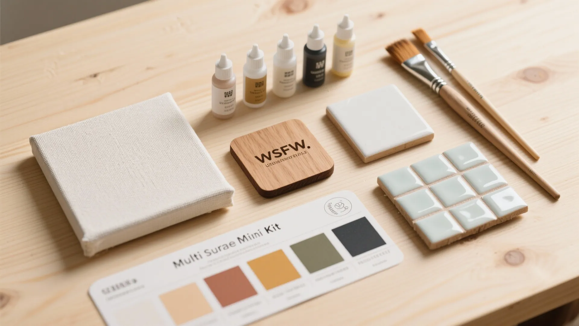 Art kit on wood table including small paint bottles brushes canvas wood block and tiles