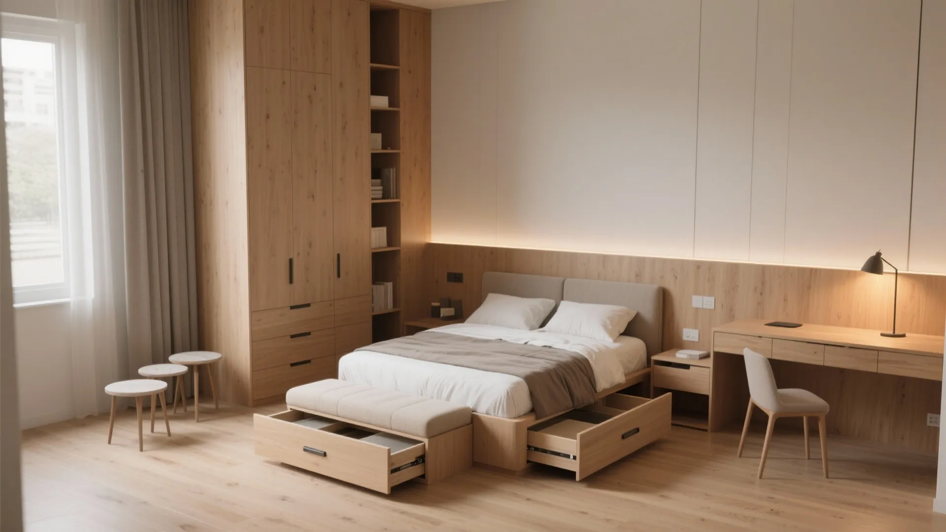 Minimalist wooden bedroom featuring bed with open storage drawers desk chair and large wall cabinet unit