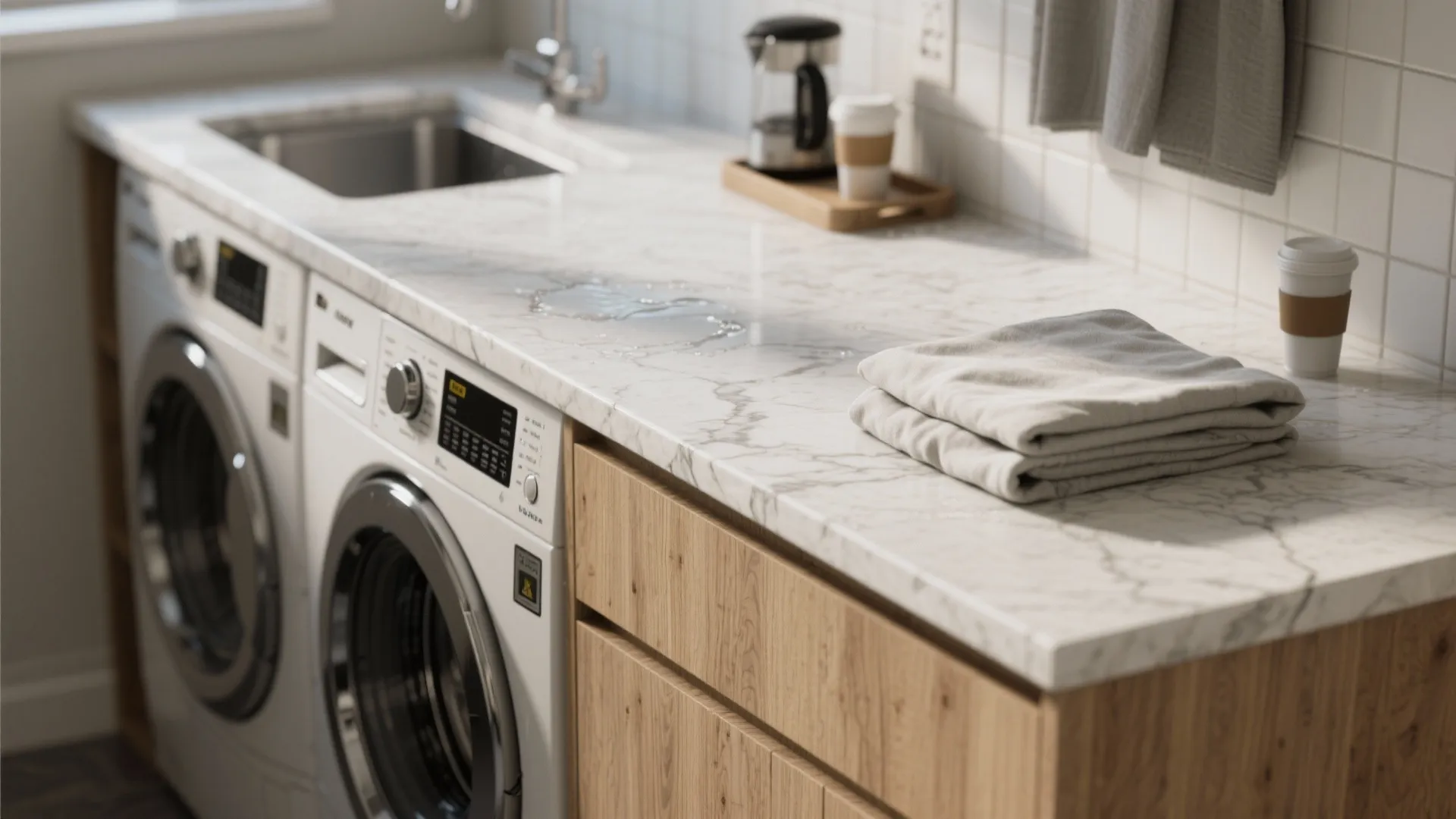 White marble countertop above washing machines and wood cabinets with a towel and coffee cup