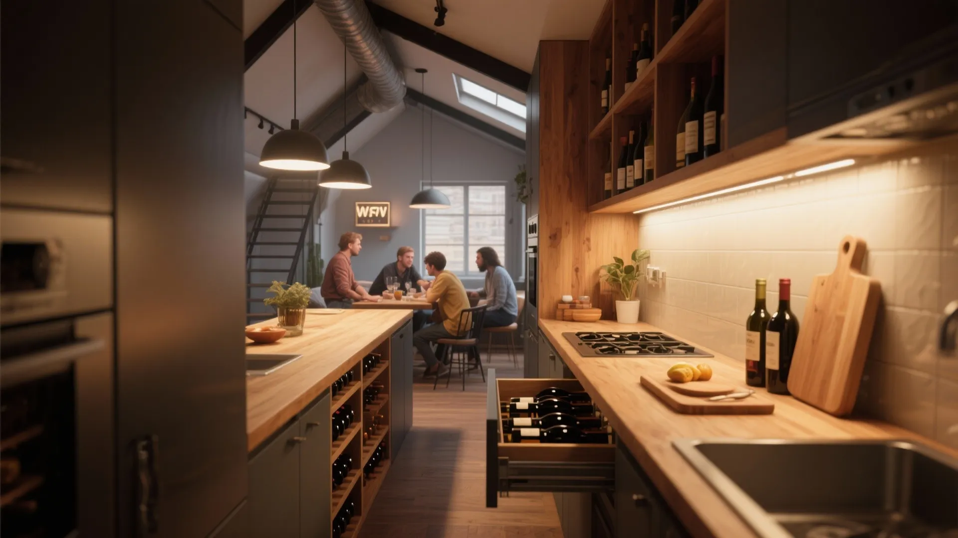 Modern kitchen with wooden island wine storage black ceiling light and people in the background