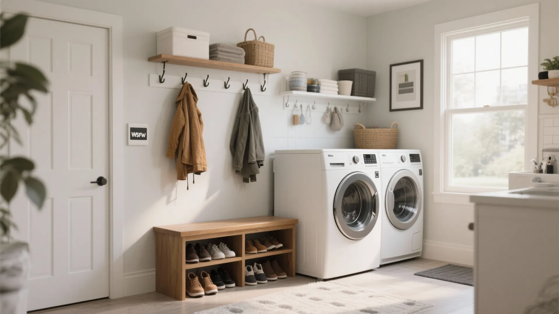 Laundry and mudroom combination with bench and coat hooks