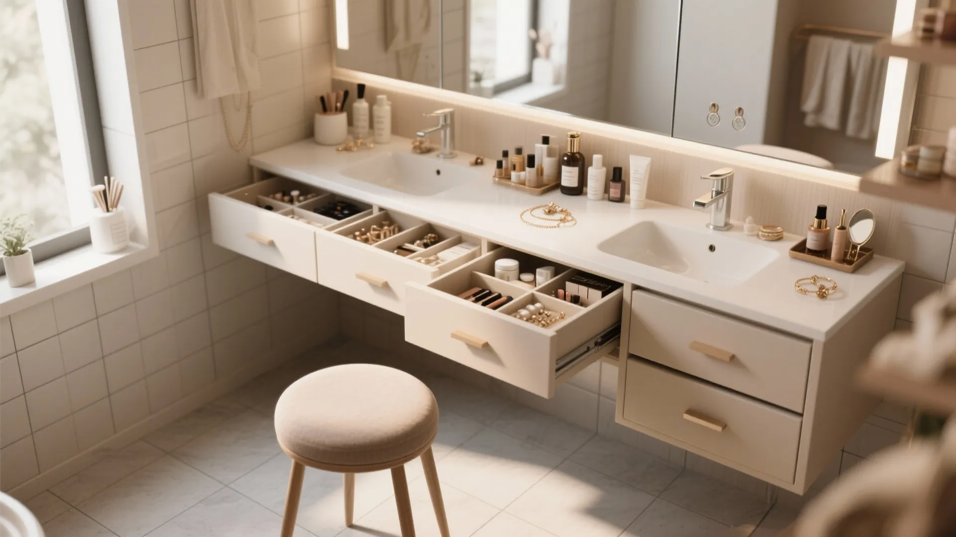 Double sink bathroom vanity with open drawers organizing makeup products and a small round footrest