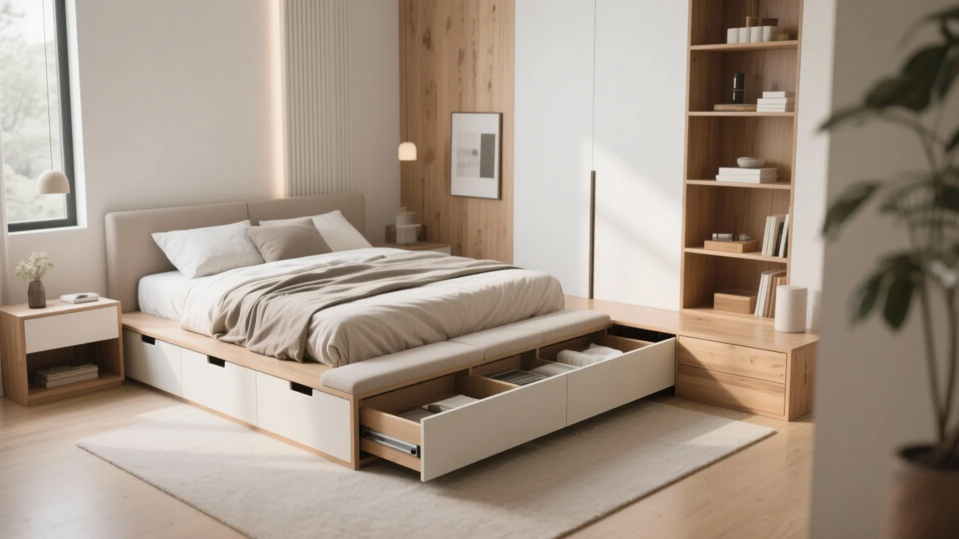 Modern minimalist bedroom with storage bed drawers, light wood shelves, white wardrobe, and beige rug