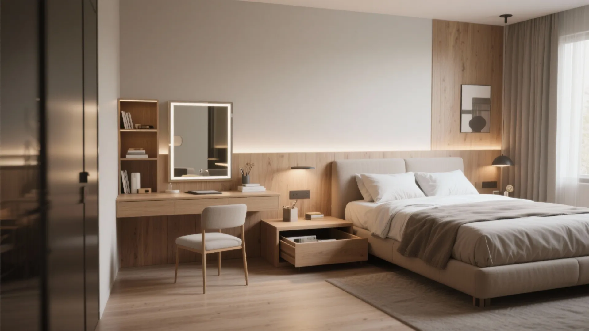 Modern bedroom featuring a wooden desk with lighted mirror, white chair, and comfortable double bed