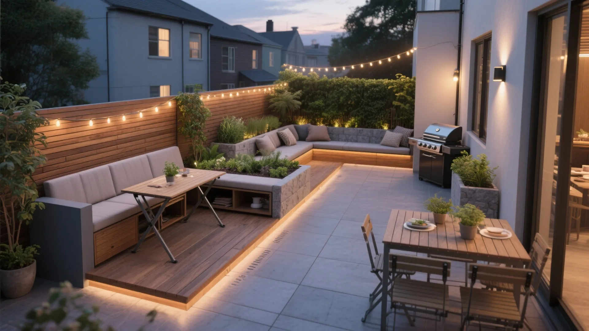 Outdoor patio with wood deck sofa dining table string lights and grill during the evening time
