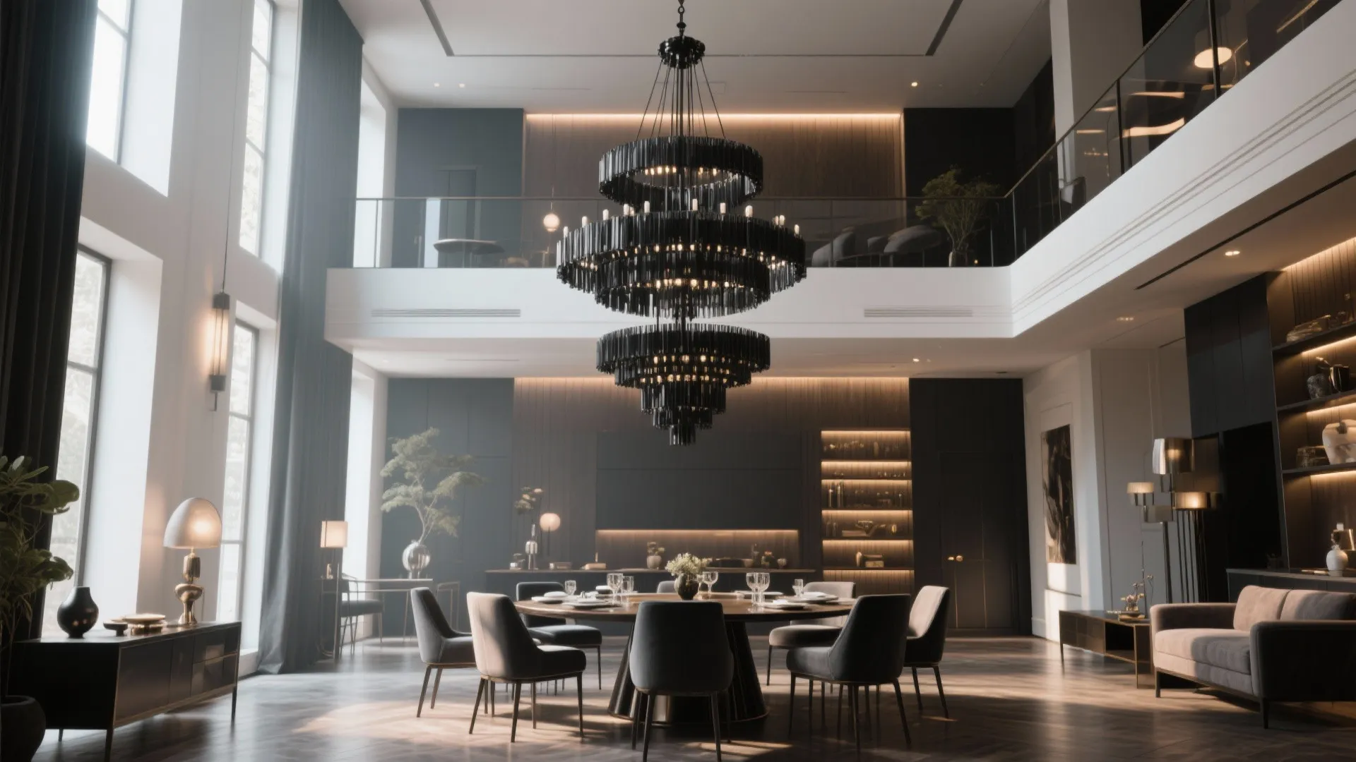 5. Multi-Tier Black Chandelier for High Ceilings