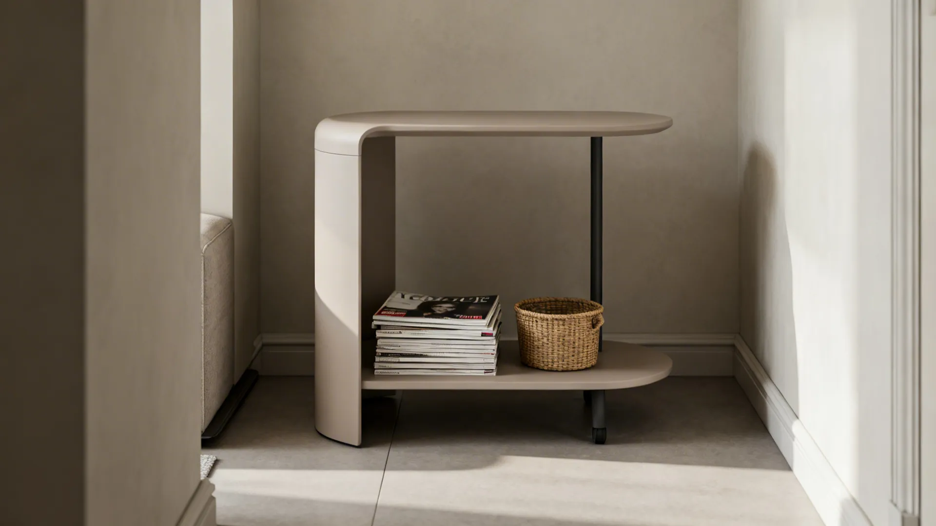 Multi-tier C-table with lower shelf storing magazines and a basket in a compact living area.