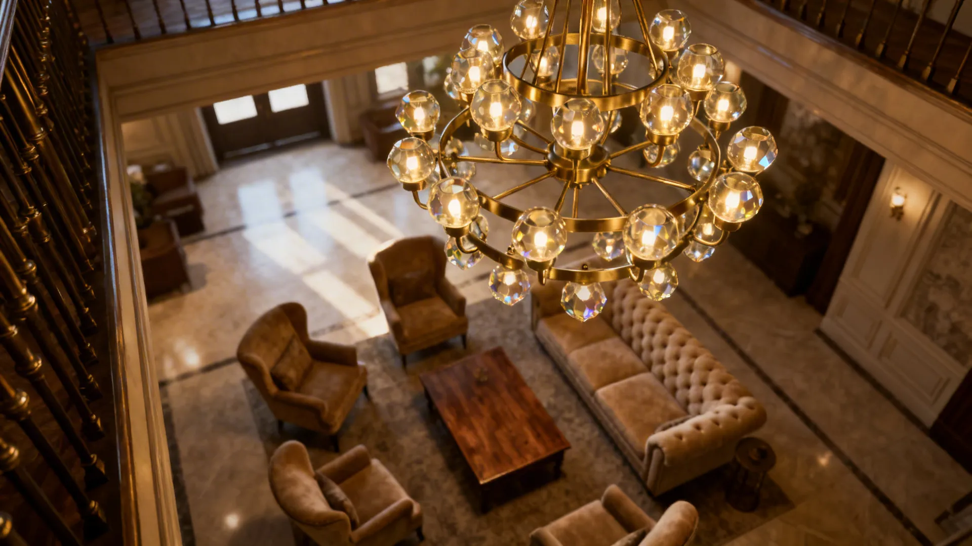 Multi-tier chandelier and pendant cluster lowering the visual height of a tall living room.
