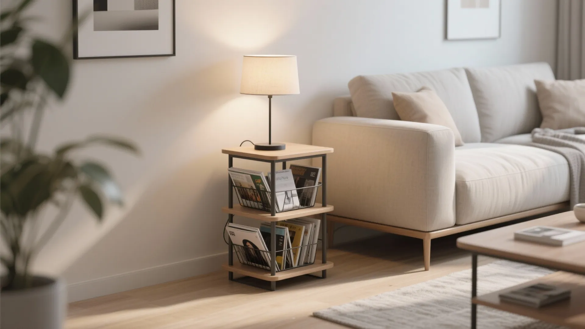 Two-tier end table holding a lamp and magazines