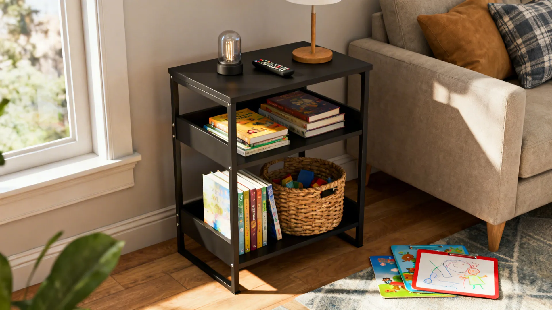 Black multi-tier end table in a family room holding books, a lamp, and a woven basket.