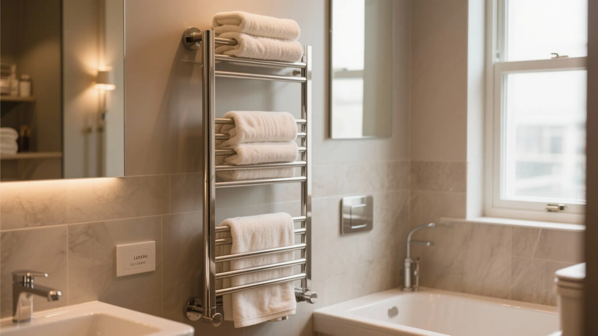 Modern bathroom featuring wall mounted heated towel rack with folded white towels and beige wall tiles