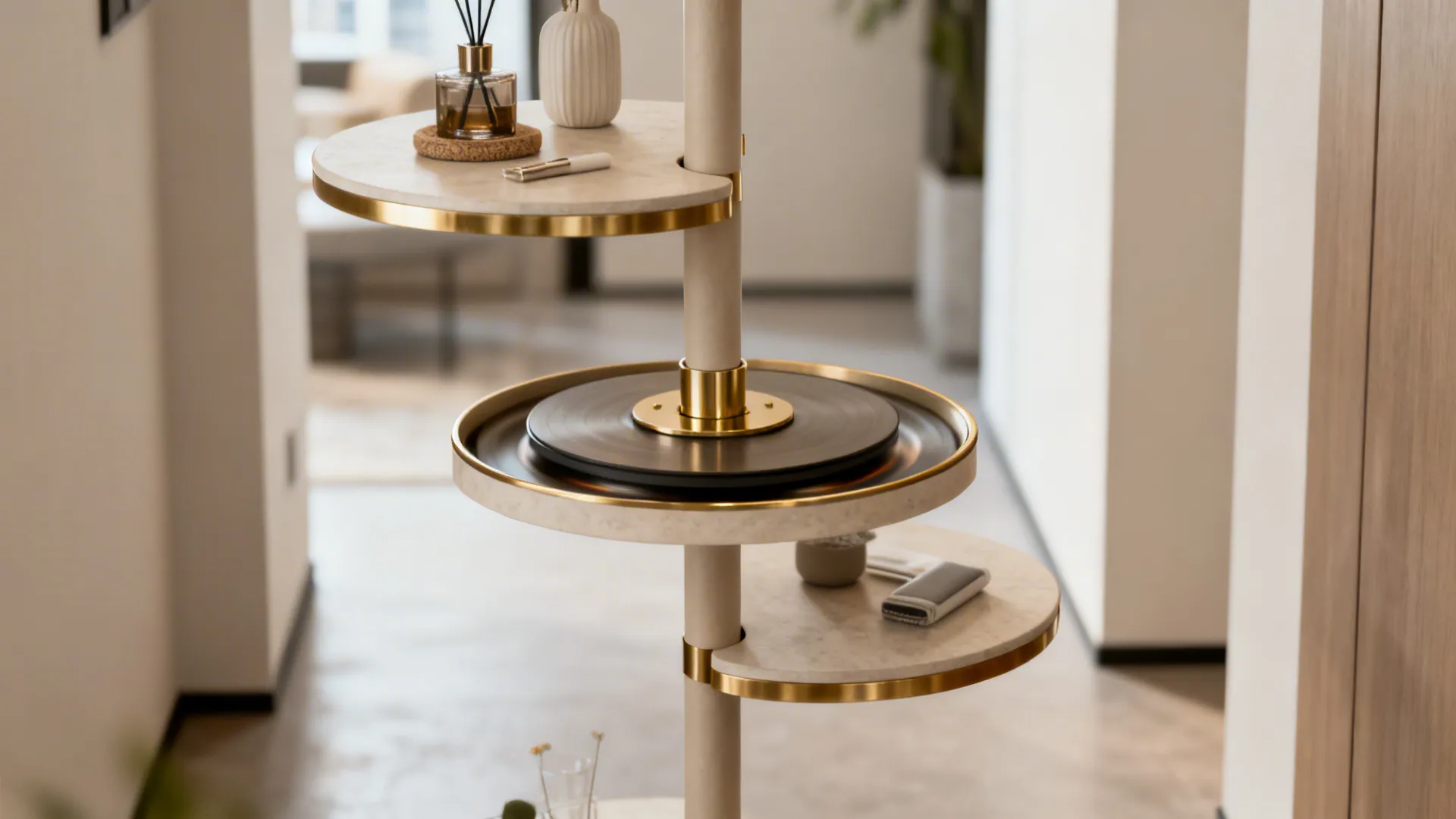 Slim multi-tier column table with a rotating storage core holding small items