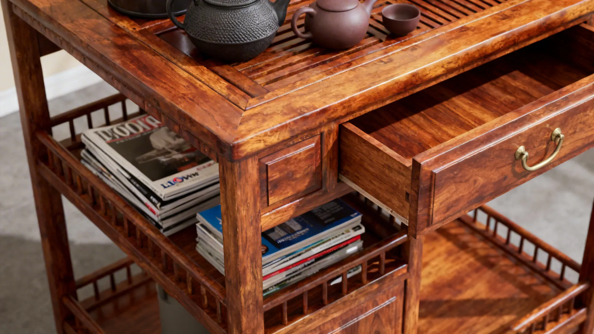 Dark wood storage cabinet with an open drawer showing magazine shelves and a tea set