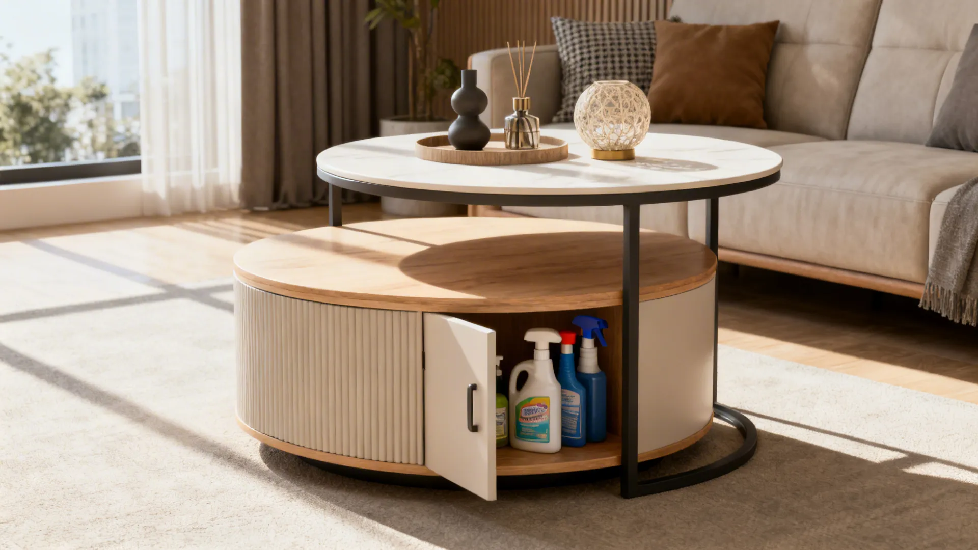 Multi-tier round table with decorative top tier and a concealed lower shelf for storage.