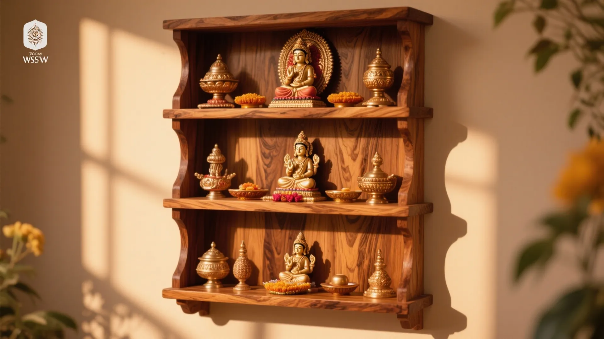 Multi-tier teak pooja shelves with traditional idols