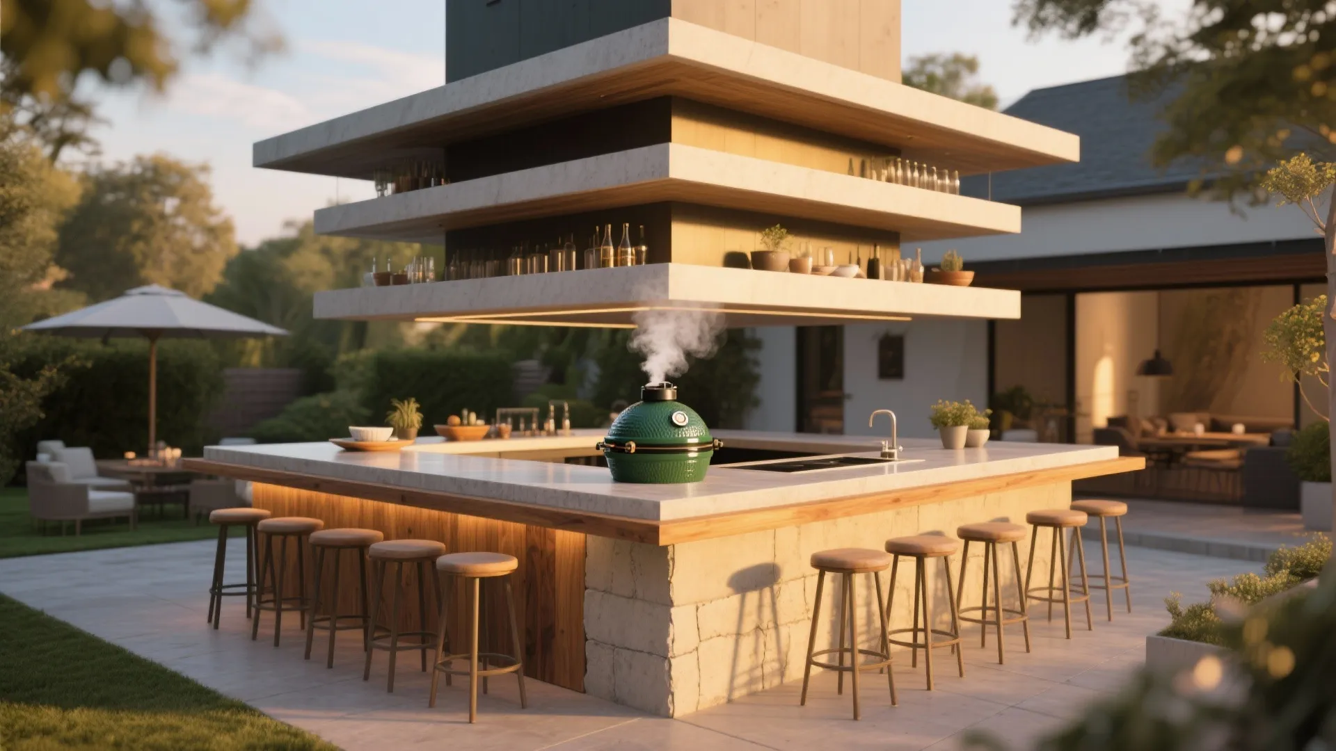 Multi-tiered island with a lower Big Green Egg workspace and elevated bar seating ledge.