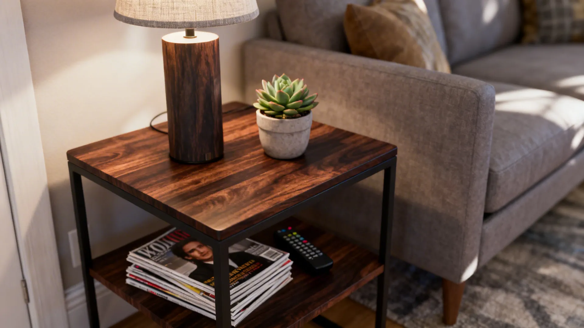 Two-tier wood side table next to a grey sofa with lamp plant and some magazines