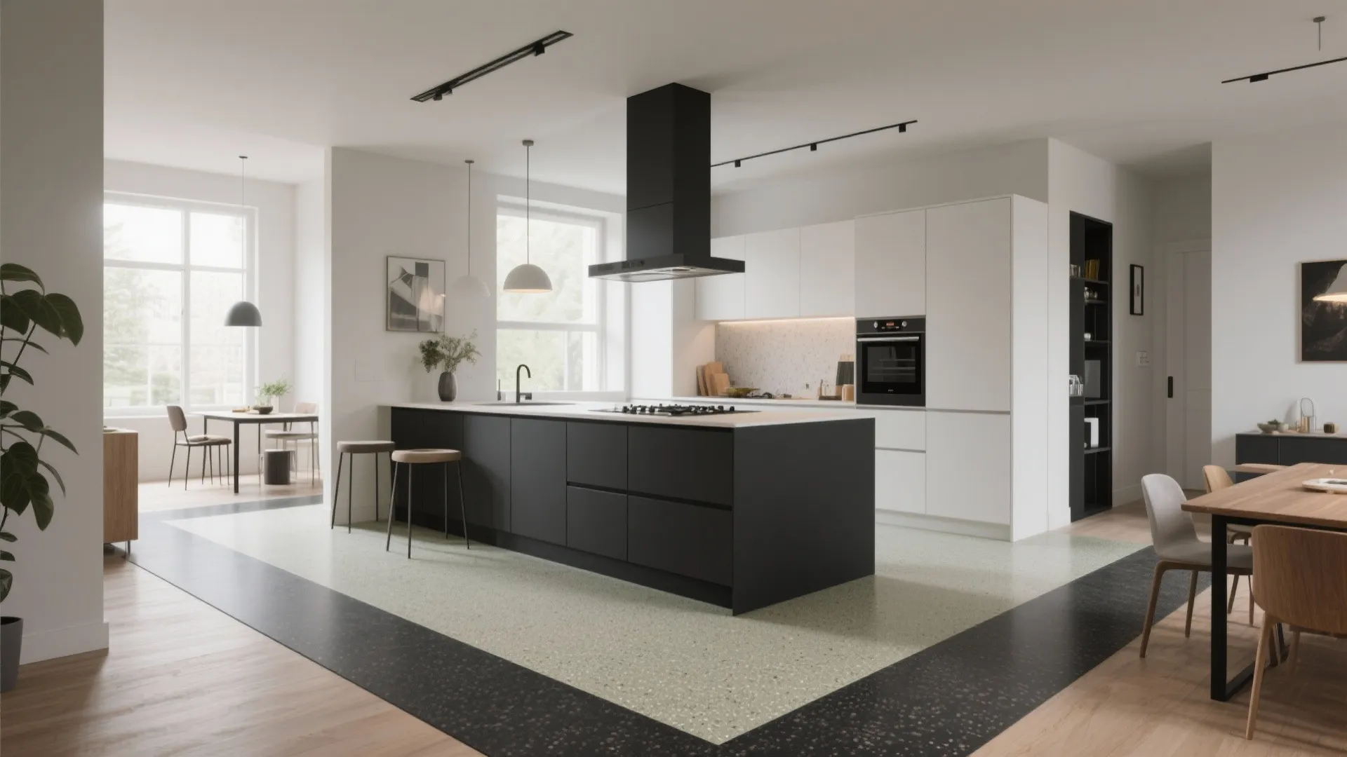 Open-plan kitchen with Marmoleum flooring featuring charcoal border and light center