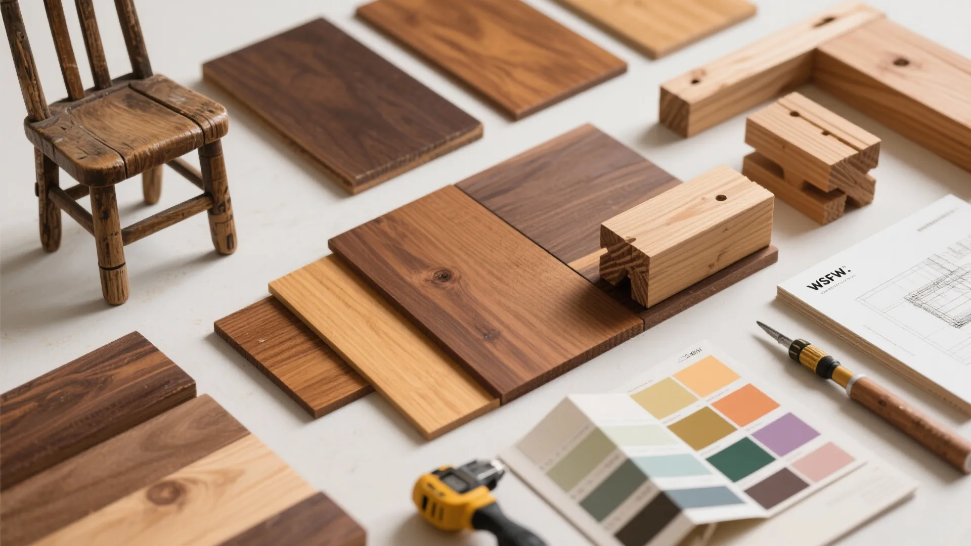 Various wood flooring samples shown with a color palette book and interior design drawing papers layout
