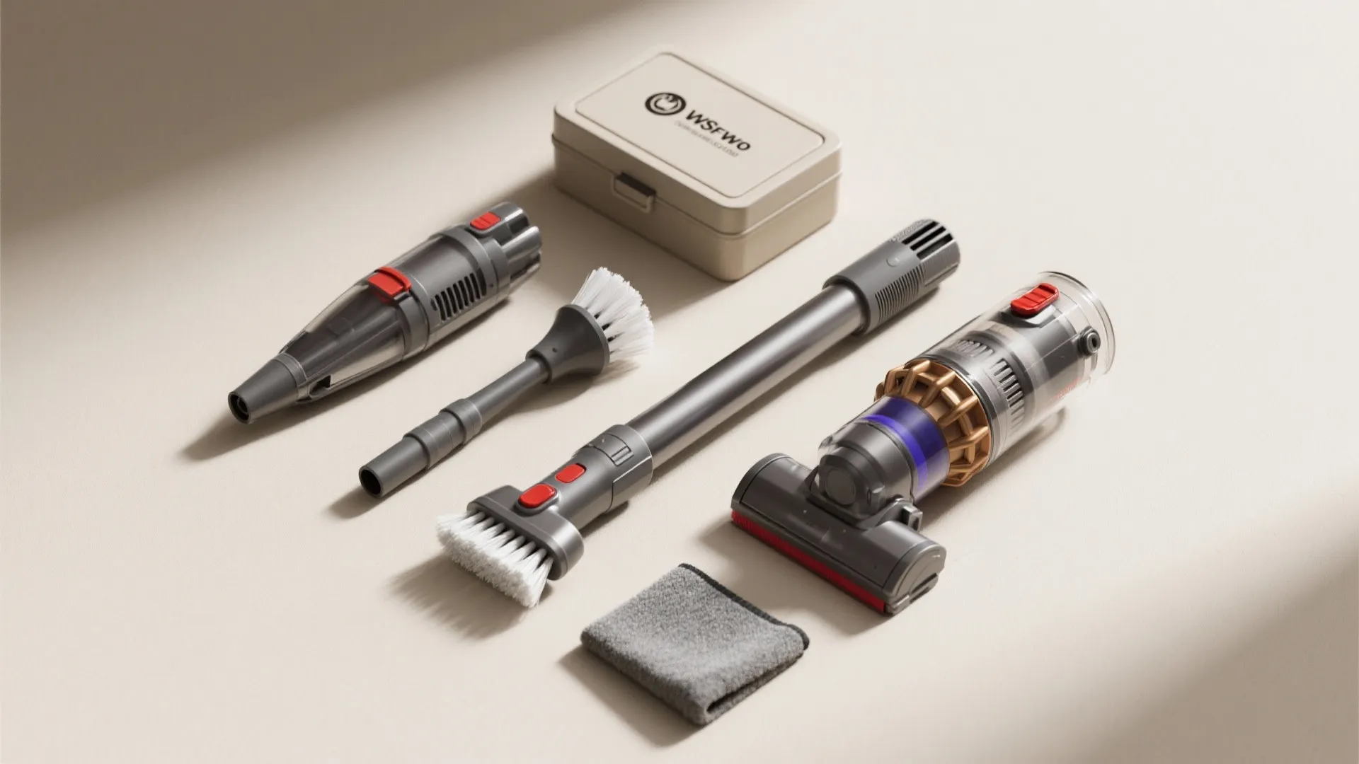 Vacuum cleaner parts including brushes extension tube motor unit storage case and grey cleaning cloth