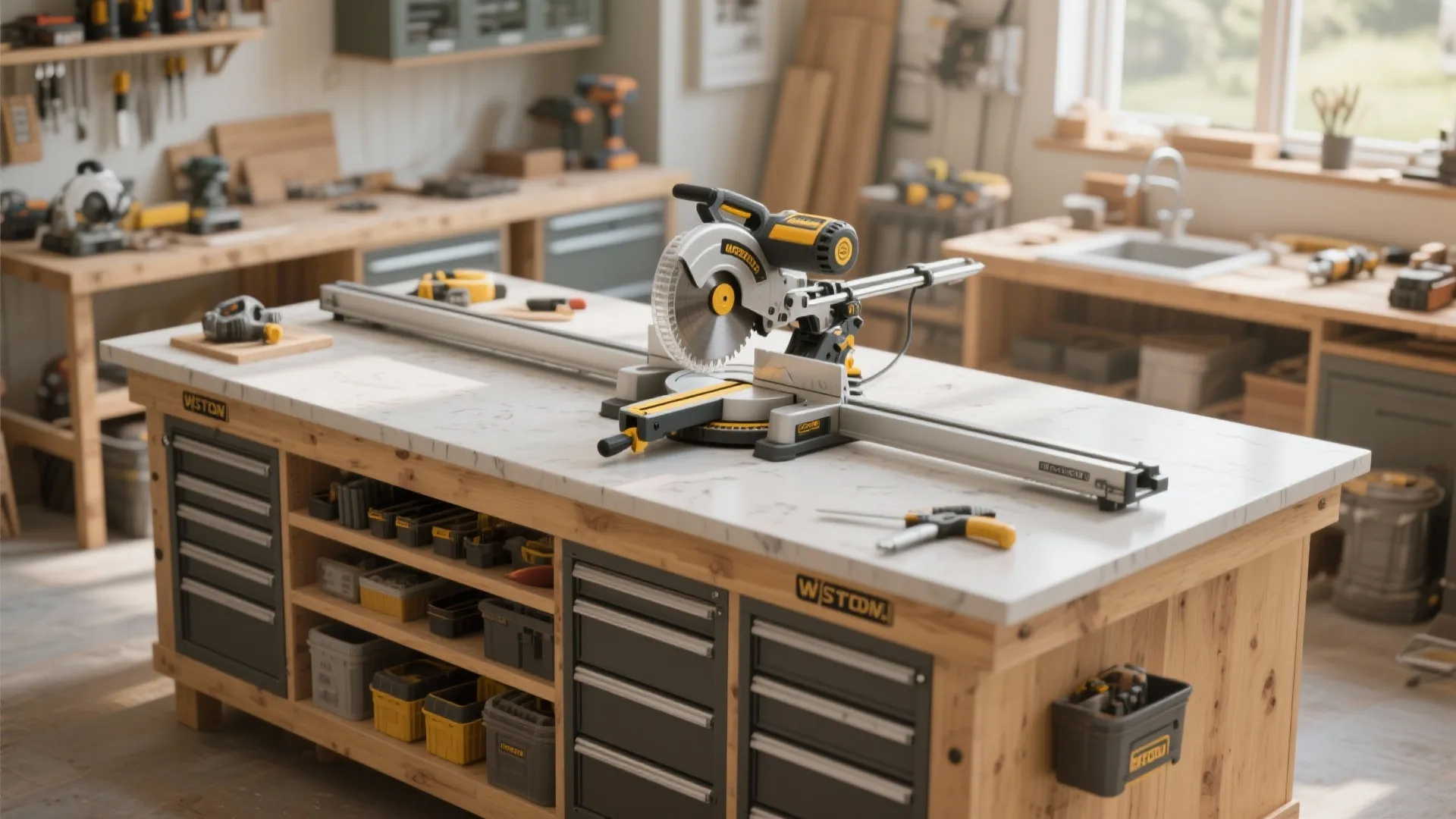 5. Multi-Tool Island: Miter Saw, Chop Saw, and Storage