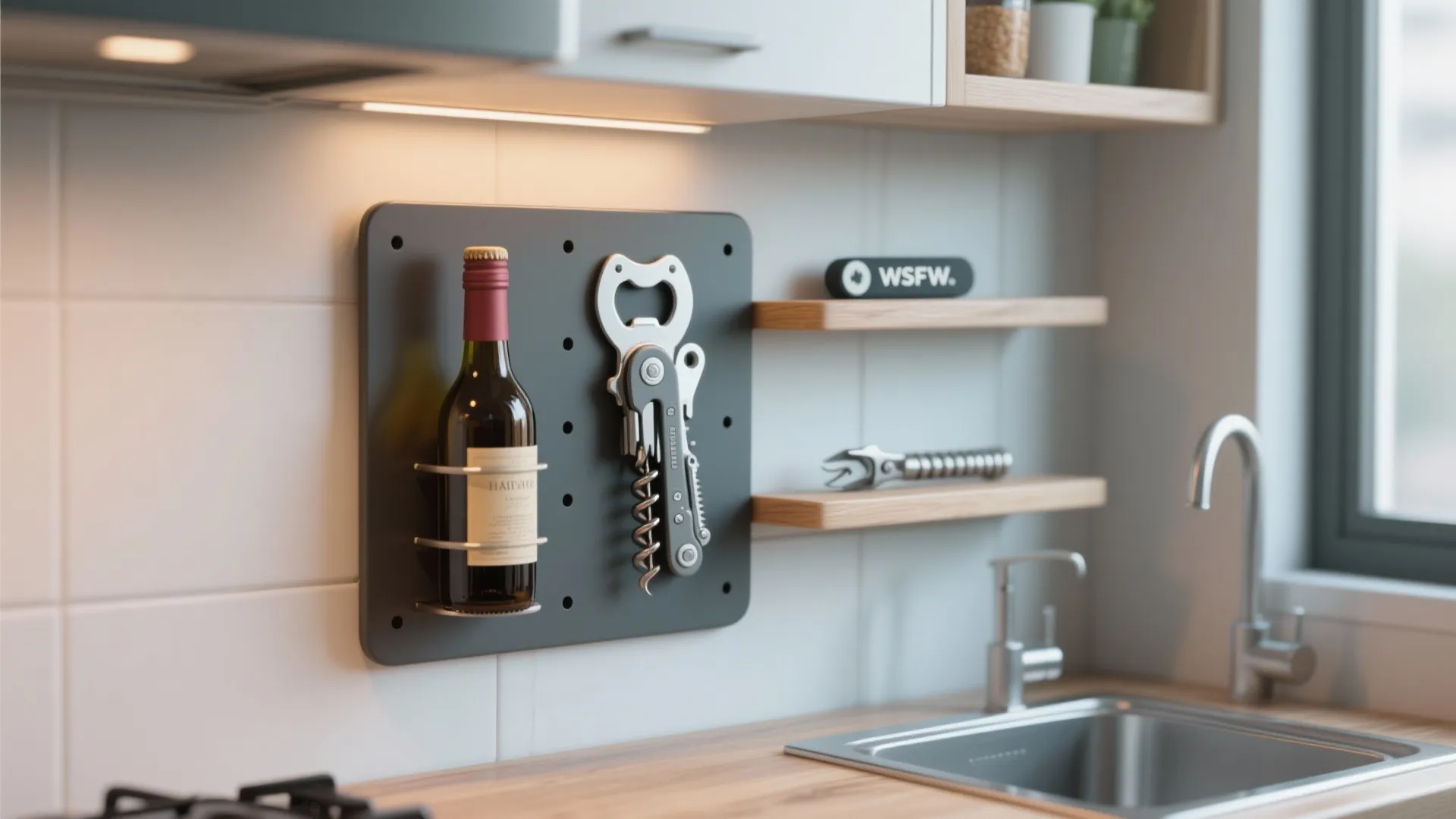 Wall panel with bottle opener, corkscrew, and shelf