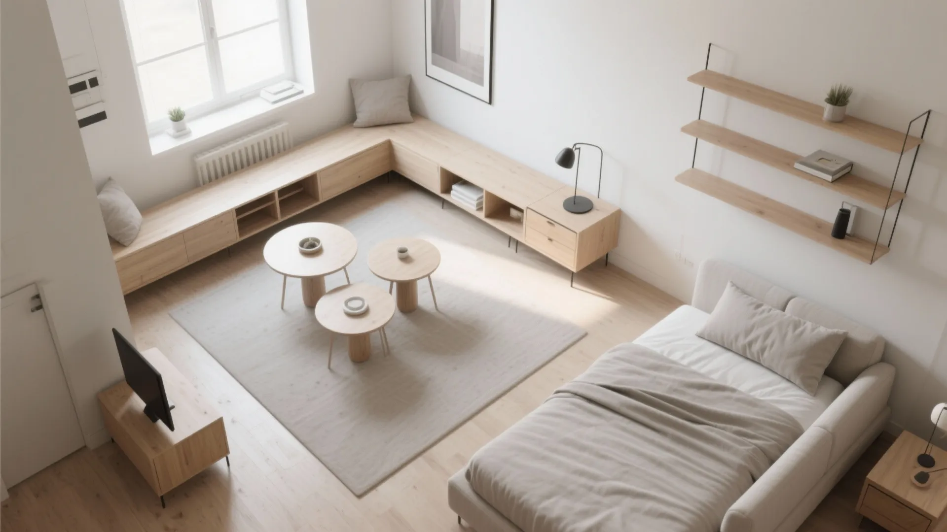 Top down interior design drawing of a studio apartment with bed, desk, and round tables