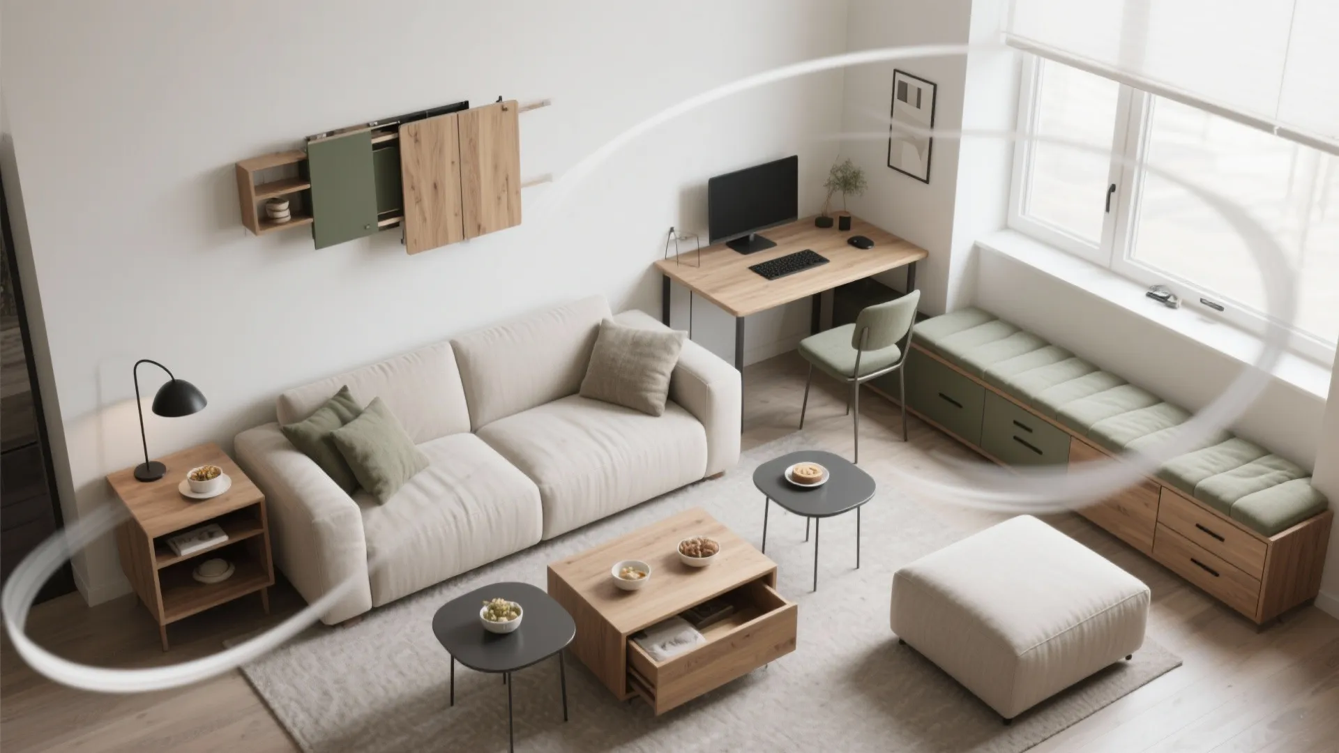 Top view of a living room with white sofa wooden desk window seat and coffee tables