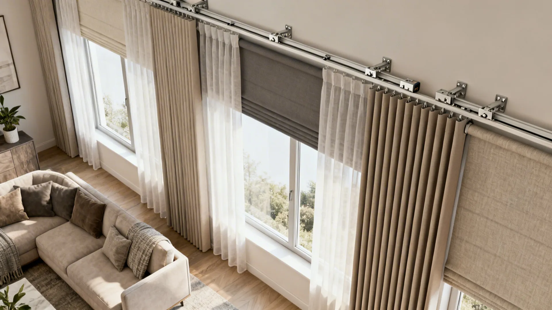 Multi-track window system showing layered sheer and blackout tracks with coordinated fabrics