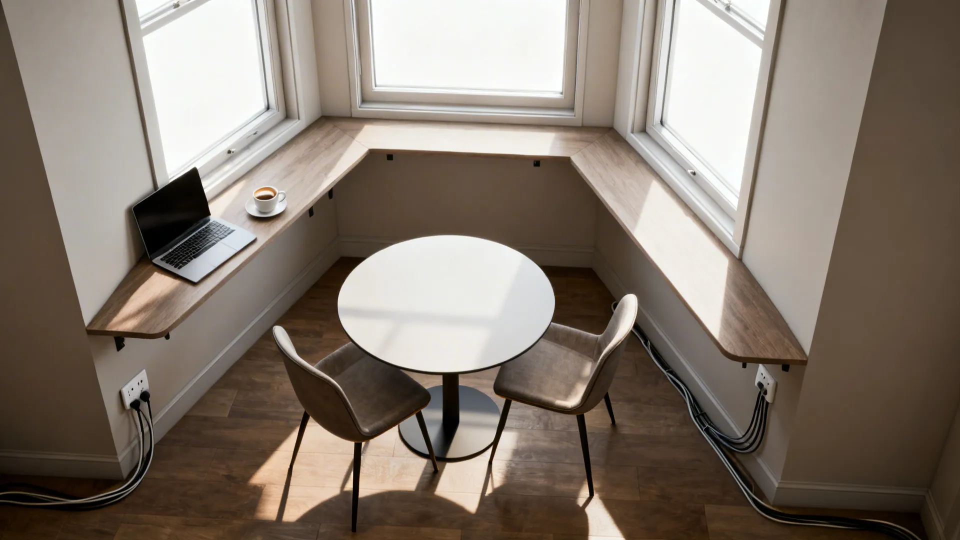 Bay window area serving as a compact home office and breakfast nook with slim desk and round table