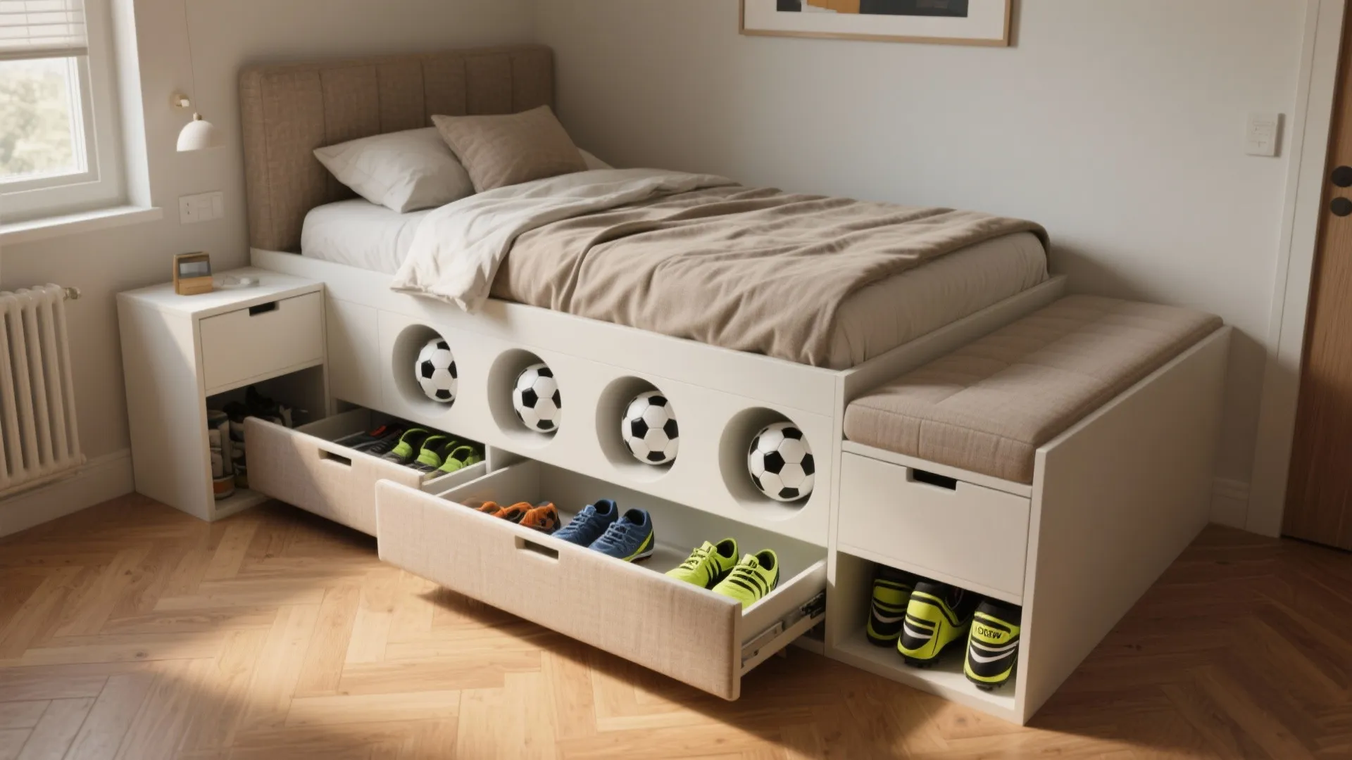3. Multi-Use Bed: Bench, Storage, and Mini Bench Seats