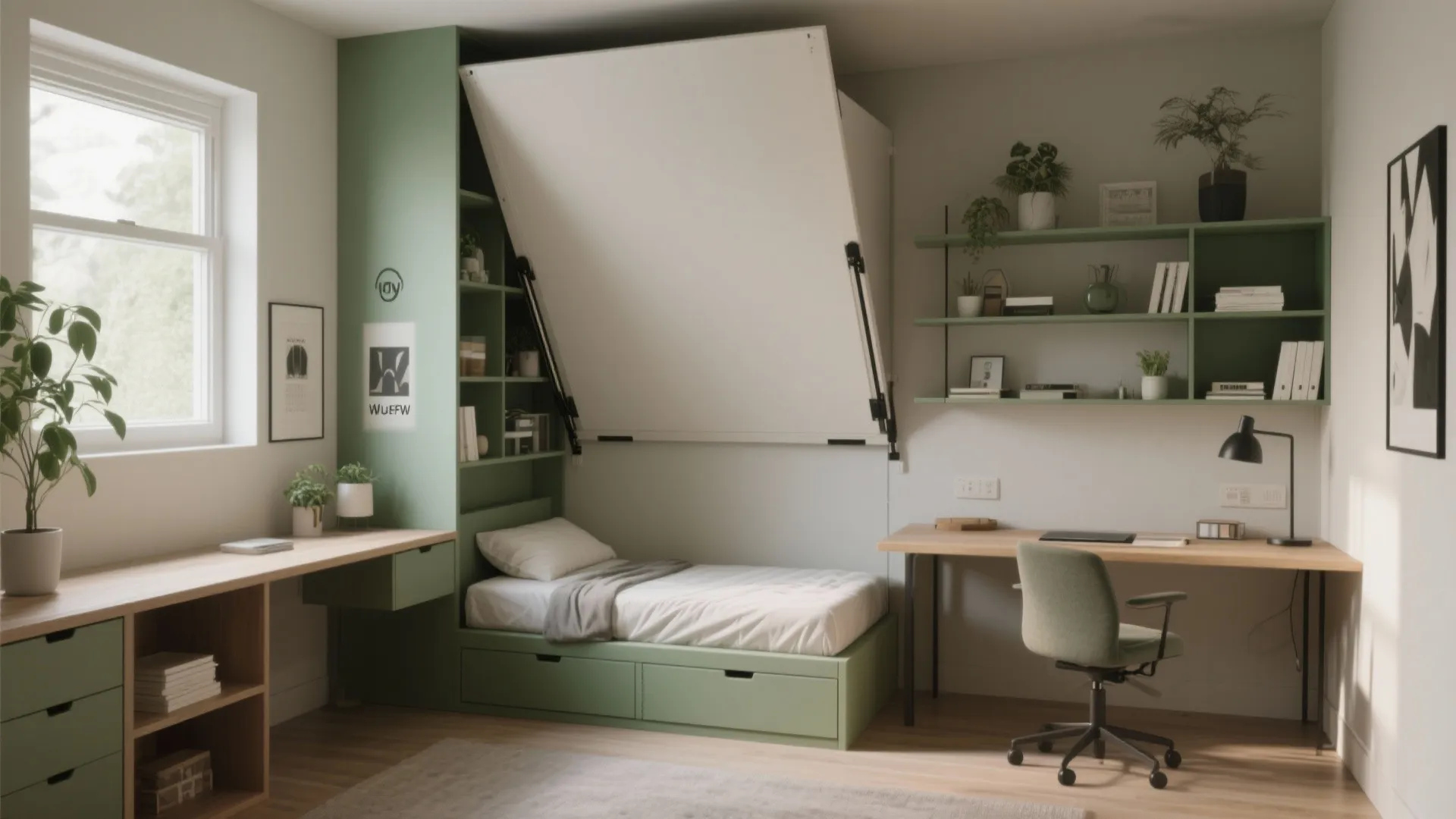 Flexible second bedroom with fold-down bed converted into a daytime workspace