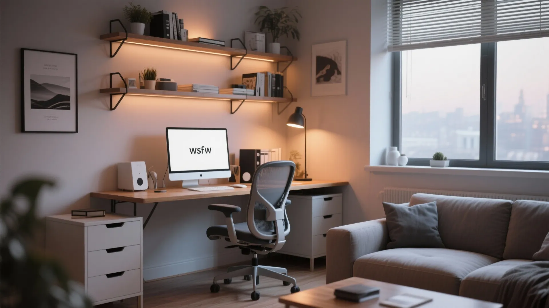 Home office setup with wooden desk, computer, grey chair, wall shelves, and warm ambient lighting